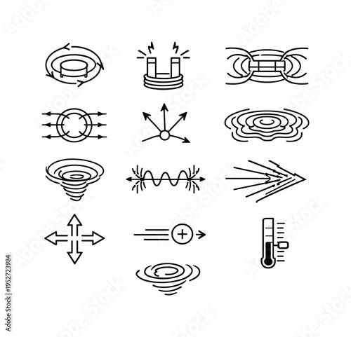 Magnetic Field Dynamics. Line icon set of Magnetic Field Dynamics: rotating field, pulsed magnet, field distortion, flux loop, dynamic vectors, energy ripple,