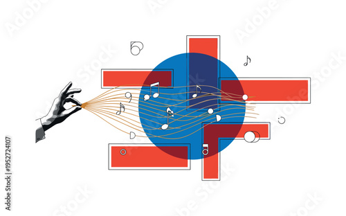 Black and white retro choir conductor hand gesture frozen mid-air, multiple thin orange lines flowing outward like synchronized voices, bold blue geometric