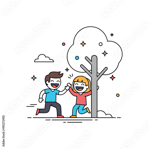Playful surprise moment theme featuring a child jumping out from behind a tree with tiny star accents while another reacts, expressing laughter and excitement.