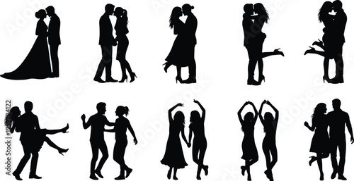 Couple silhouettes in romantic poses, vector illustration of kissing, embracing, dancing, and wedding figures for love, relationship, and decorative design concepts