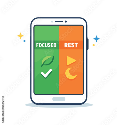 Screen time management tools illustrated by a phone screen divided into focused and rest sections with small leaf and check icons, expressing healthy limits