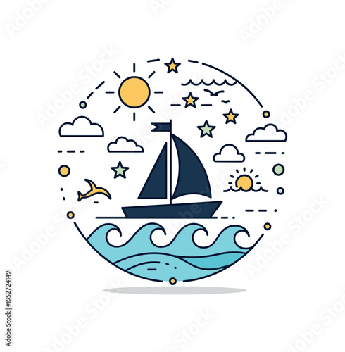 Tropical paradise coastal travel badge combining a small sailboat silhouette with sun and wave elements arranged in a compact circle. The composition reflects