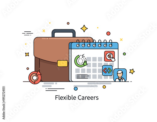 Retirement and continued work balance concept illustrated by a briefcase and a calendar with flexible schedule icons. A compact ?Flexible Careers? text detail