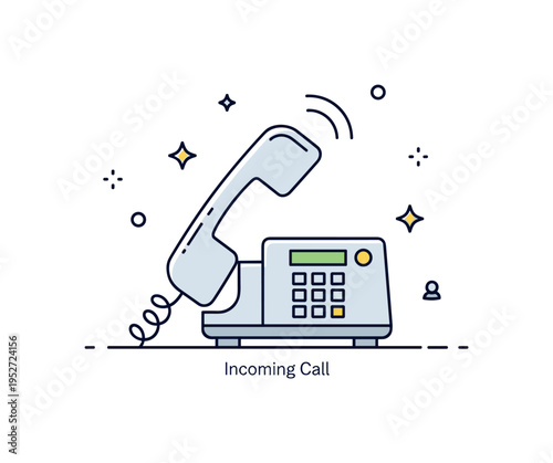 Workplace communication concept showing a desk phone receiver lifted slightly with small vibration lines. Subtle decorative stars and a gentle ?Incoming Call?