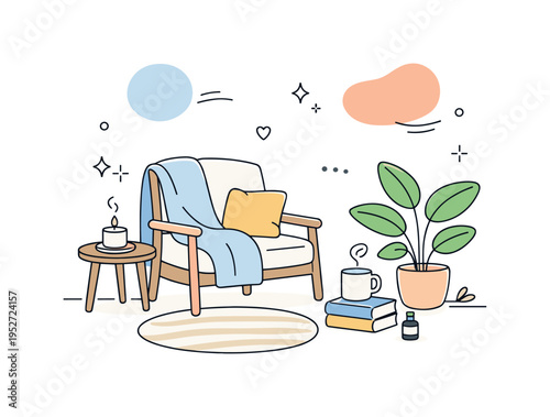 Building a self-care sanctuary at home. A calm editorial scene of a cozy home corner with a chair, plant, and soft decor arranged intentionally. Sense of