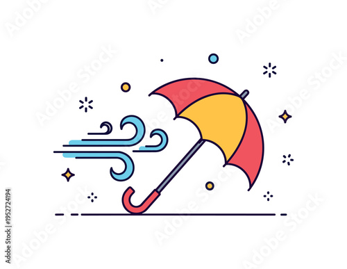 Windy weather protection compact scene with umbrella bending slightly against stylized wind swirls, symbolizing resilience and staying dry in challenging