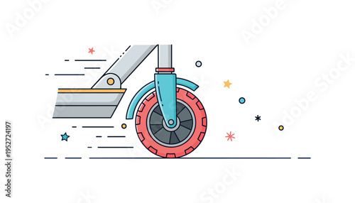 Push scooter wheel close up detailed wheel with visible tread and simple fork frame above, subtle motion lines suggesting smooth urban movement. A compact