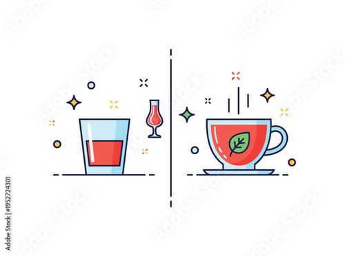 Healthy alternatives to alcohol for stress relief illustrated by a split scene showing a small glass on one side and a tea cup with leaf icon on the other,