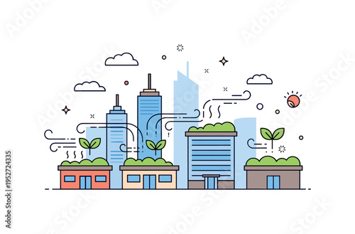 Climate resilient city concept showing a skyline with several green roofs and gentle airflow lines moving across them symbolizing cooler microclimates during