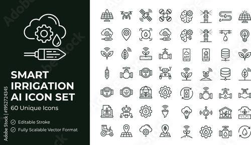 Smart irrigation AI line icon set with automated watering sensors precision agriculture and intelligent farming technology symbols