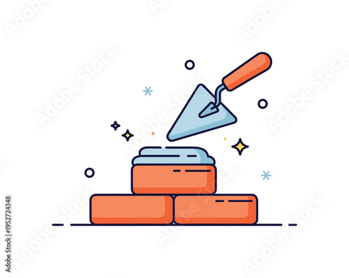 Bricks and trowel masonry work process represented by a small brick stack with a smooth layer of mortar highlighted by gentle sparkle accents. The scene