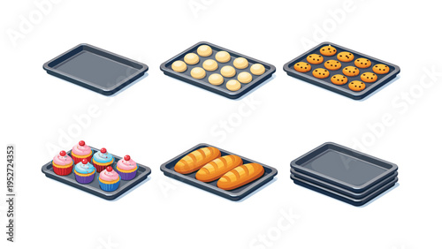 Bakery prep. Isometric flat vector icons set of bakery prep: empty baking tray, tray with dough portions, tray with cookies, tray with cupcakes, tray with