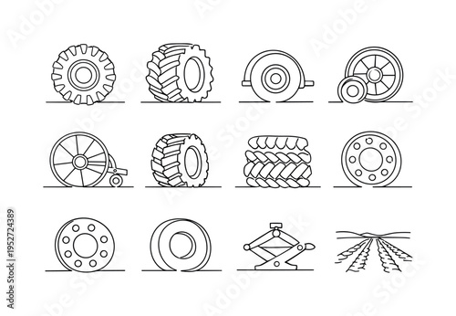 Farm Machinery Wheels and Heavy Equipment Tires. Minimalistic set one-line drawing [tractor wheel front view, combine harvester wheel, trailer wheel, plow