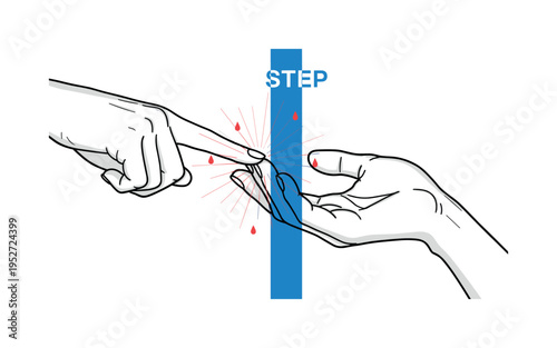 Black and white fingers rubbing fingertips against palm, bold vertical blue bar dividing composition like step indicator, thin radiating lines highlighting