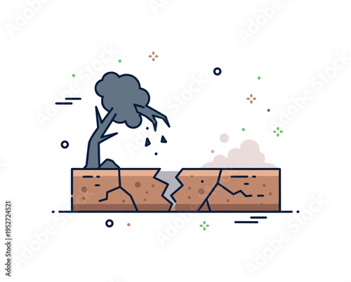 Devastated landscape aftermath scene featuring a cracked ground surface with a broken tree silhouette and subtle dust accents, expressing environmental damage