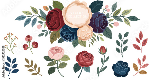 Colorful Floral Arrangement with Roses and Leaves on White Background