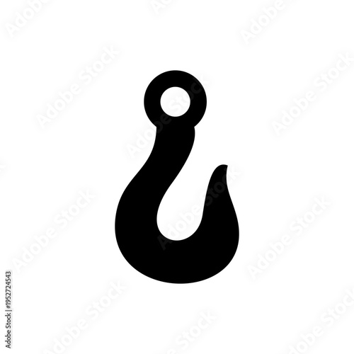 Simple black silhouette of a heavy-duty industrial lifting hook on a plain white background.