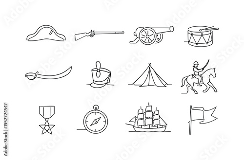 Napoleonic Era Warfare and 18th?19th Century Battles. Minimalistic set one-line drawing [bicorne hat, musket rifle, cannon, drum, cavalry sabre, infantry