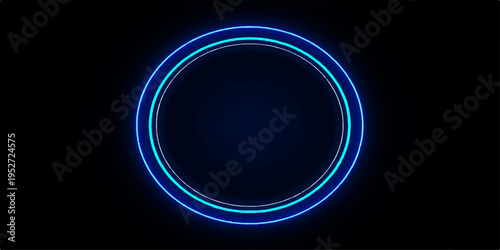 A glowing blue circle frame creates a bright round shape on a dark black background, featuring a sleek vector design and blank space for a modern technology web icon or template