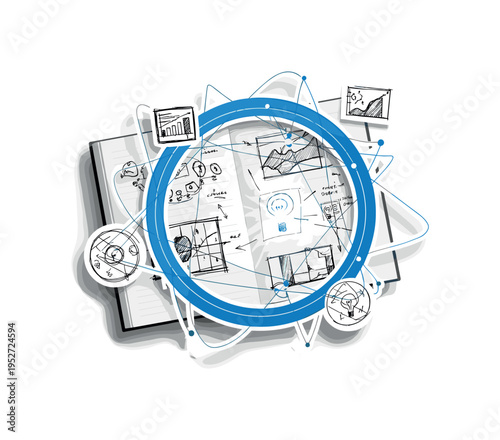 Monochrome overhead view of a notebook with rough concept sketches, layered with blue circular frame and fine diagonal lines suggesting idea mapping, radiant