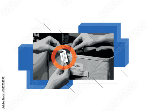 Black and white hands placing labeled tag onto fabric bin, bright orange circular halo highlighting the label, blue geometric blocks structuring outer frame,