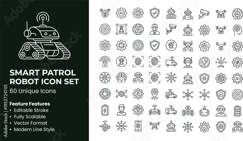 Smart patrol robot line icon set with surveillance automation security monitoring and autonomous guard technology symbols