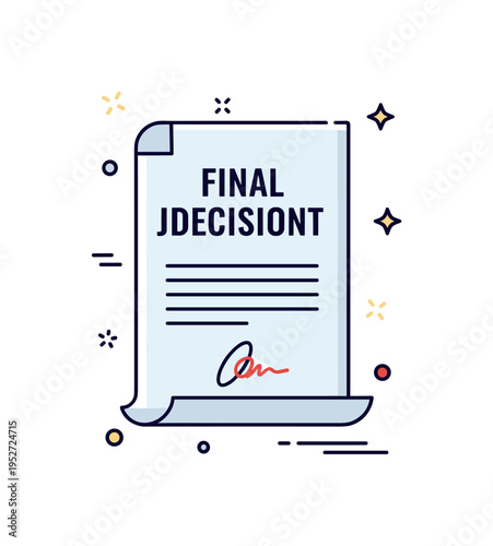 Final judgment paper icon featuring a bold header Decision and a small signature flourish at the bottom symbolizing authority and completion of proceedings.
