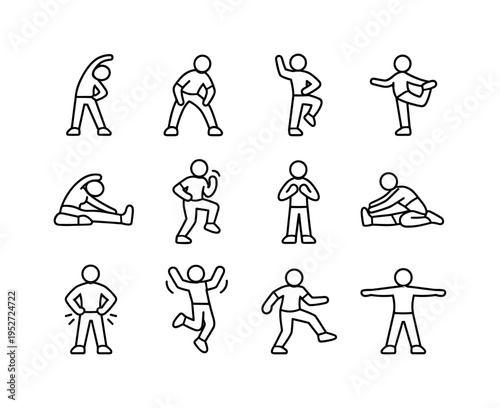Dance for Health and Fitness. Line icon set of Dance for Health and Fitness: stretching dancer, warm up pose, aerobic dance move, balance pose, flexibility