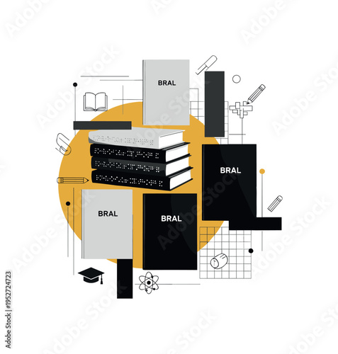 black and white stack of braille textbooks arranged asymmetrically, overlapping mustard yellow circle and black rectangular forms, minimal thin grid lines and