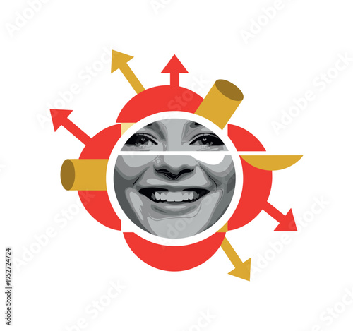 Monochrome vintage portrait fragment of a smiling face cropped at the eyes, expressive optimistic smile centered, surrounded by semicircles and cylindrical