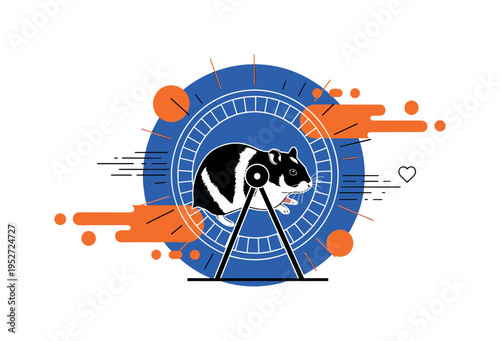 Black and white hamster inside circular wheel, bold cobalt blue circle reinforcing composition symmetry, orange abstract shapes arranged like motion accents,