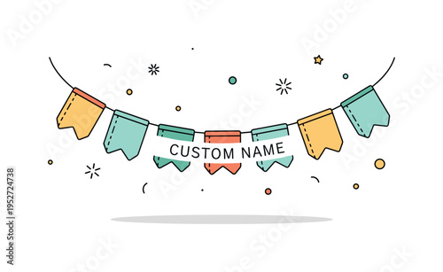 Personalized fabric bunting banner with soft triangular flags hanging on a gentle string and a short custom name printed across the center,