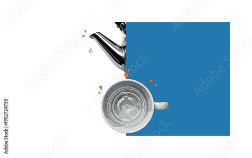 Black and white kettle spout close-up with single droplet about to fall into mug, large flat blue vertical bar dividing composition, thin concentric rings