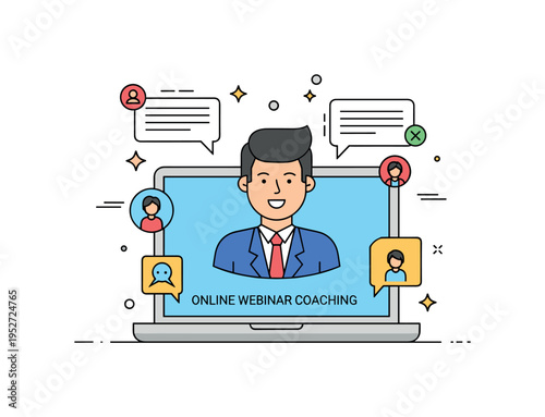 Online webinar coaching laptop screen showing a confident speaker framed by chat bubbles and small reaction icons. A contemporary concept illustration about