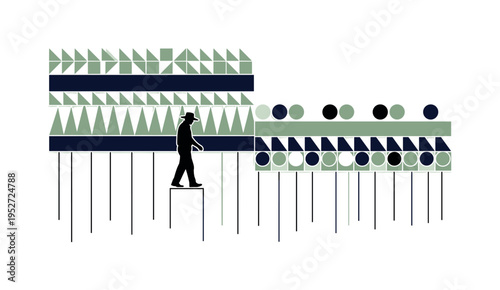 Black and white farmer silhouette walking through diverse crops, crops represented as repeating geometric shapes and flat color circles, thin vertical lines