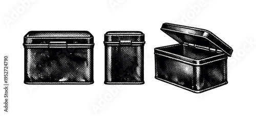 Vintage tin storage box with hinged lid shown in three views: closed front view, side profile, and perspective with lid partially open, emphasizing the boxy