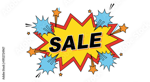 Vibrant pop art style sale banner with a yellow starburst, red outline, and black 'SALE' text, surrounded by blue starbursts and orange stars on a white background.