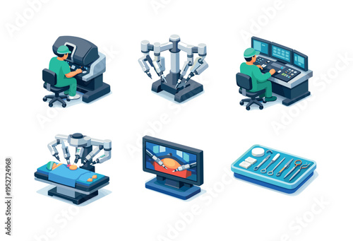 Robotic surgeons. Isometric flat vector icons set of robotic surgeons: surgical robot console, robotic surgical arms, surgeon control station, operating table