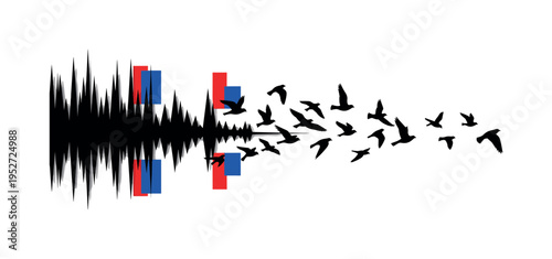 Black and white abstract sound waves transforming into bird silhouettes mid-air, sharp angular shards blending into smooth curves, electric blue and bright red