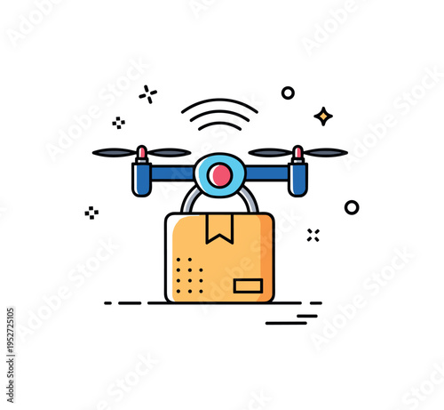 Future logistics technology badge presenting a stylized drone silhouette combined with a parcel and subtle signal waves, communicating automation and next