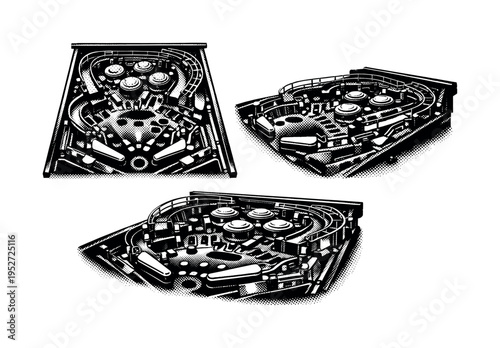 Pinball machine playfield interior. A realistic pinball machine depicted as one object in three different views, emphasizing ramps, bumpers, flippers, and