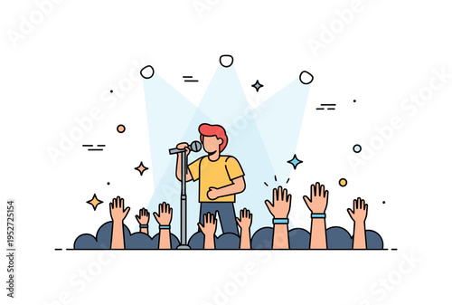 Live concert energetic stage scene with a lead singer holding a microphone under bright spotlights and raised hands in the crowd, capturing excitement and