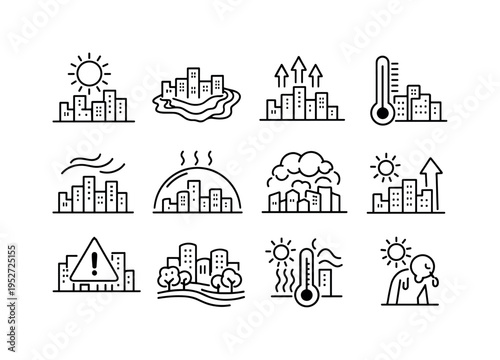 Urban Climate. Line icon set of Urban Climate: city sun exposure, heat map city, hot air arrows, climate thermometer, dry urban air, heat dome, city pollution