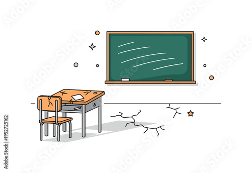 Abandoned classroom interior featuring a single worn desk and a chalkboard with faint erased lines. Cracked floor details and soft shadow shapes convey the
