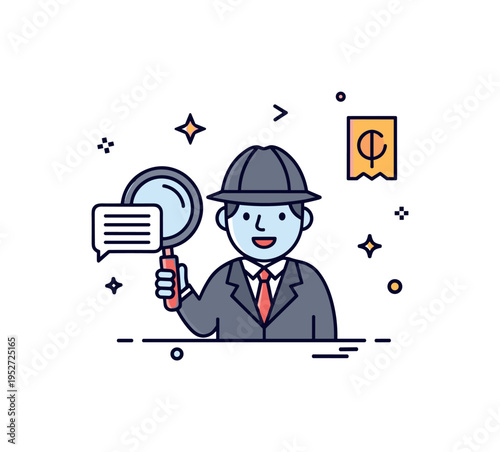 Cartoon detective silhouette holding a magnifying glass beside a small clue icon, symbolizing mystery, investigation, and playful narrative storytelling.