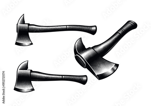 Fire axe displayed as one object in three positions including side profile, angled perspective, and top-down view emphasizing blade shape and handle form.