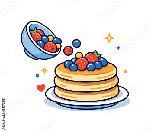 Blueberries and strawberries topping pancakes a small bowl of colorful berries tipping gently toward a pancake stack while a few berries land on top,