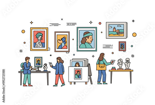 Gallery gift shop featuring art prints and small sculptures, with visitors browsing, emphasizing accessibility, creativity, and engagement with fine art