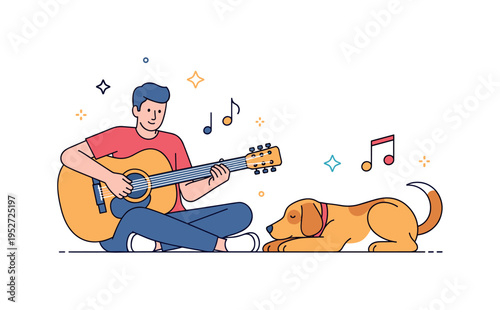 Guitar and pet companion scene with a dog lying nearby as someone strums chords, reflecting comfort, companionship, and everyday musical enjoyment. Minimalist