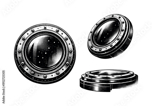 Space capsule window A realistic space capsule window with thick glass, circular frame, and pressure seals, displayed in three views such as straight-on view,